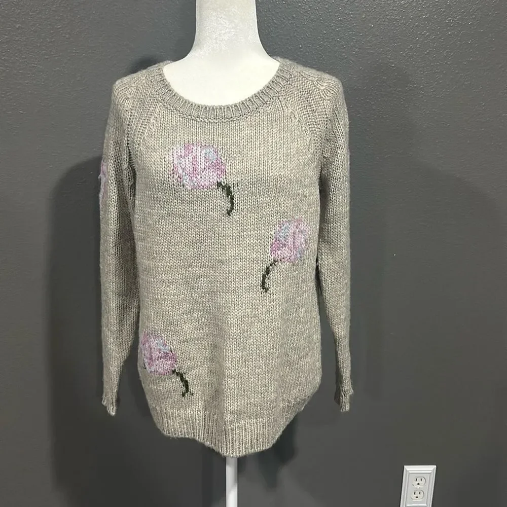 Philosophy Gray Wool Blend Crewneck Floral Sweater M - Picture 2 of 5